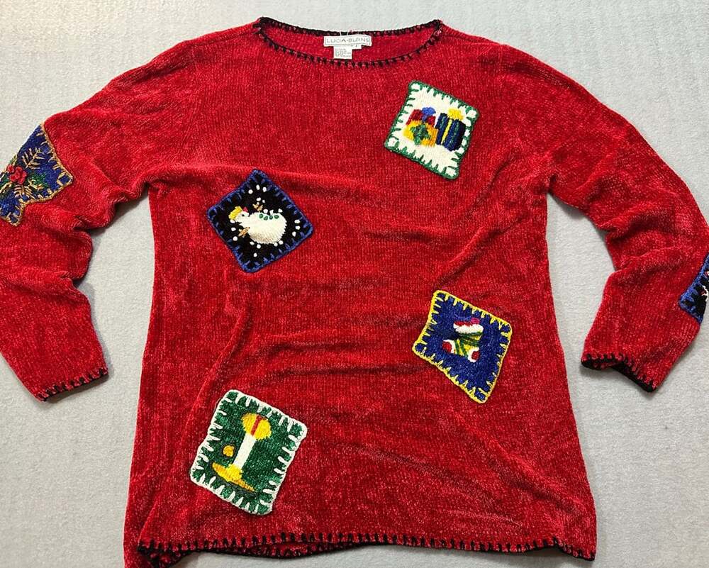 Lucia Burns Vintage 90s Red Christmas Holiday Patchwork Pullover Sweater Large i